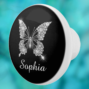 Bouton De Porte En Céramique Papillon White Diamonds, nom de script DIY, noir