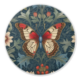 Bouton De Porte En Céramique Papillon William Morris style bleu & rouge floral