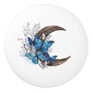 Bouton De Porte En Céramique Papillons bleus sur croissant en bois