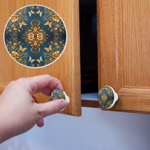 Bouton De Porte En Céramique Papillons dorés et marguerites sur fond bleu