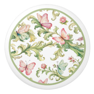 Bouton De Porte En Céramique Papillons roses et motif d'acanthe