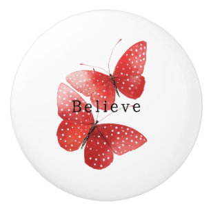 Bouton De Porte En Céramique Papillons Rouges Croient