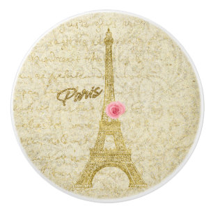 Bouton De Porte En Céramique Paris Tour Eiffel dorée & Rose rose élégant