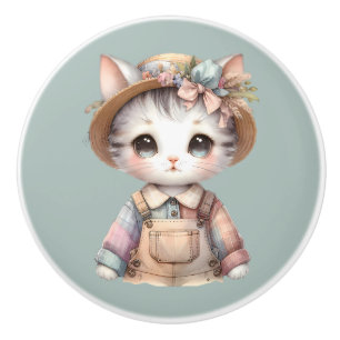 Bouton De Porte En Céramique Pastel Cottagecore Chat en boules et Casquette pai