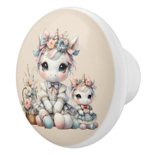 Bouton De Porte En Céramique Pastel Kawaii Unicorne Mère Fille Duo Beige