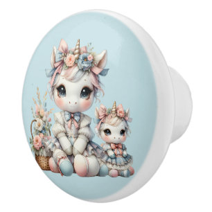 Bouton De Porte En Céramique Pastel Kawaii Unicorne Mère fille Duo bleu