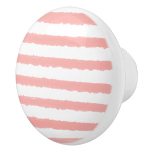 Bouton De Porte En Céramique Pastel Rose Blanc Rayures Aquarelle