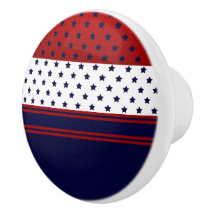 Bouton De Porte En Céramique Patriotique Rouge Blanc & Bleu avec design étoiles