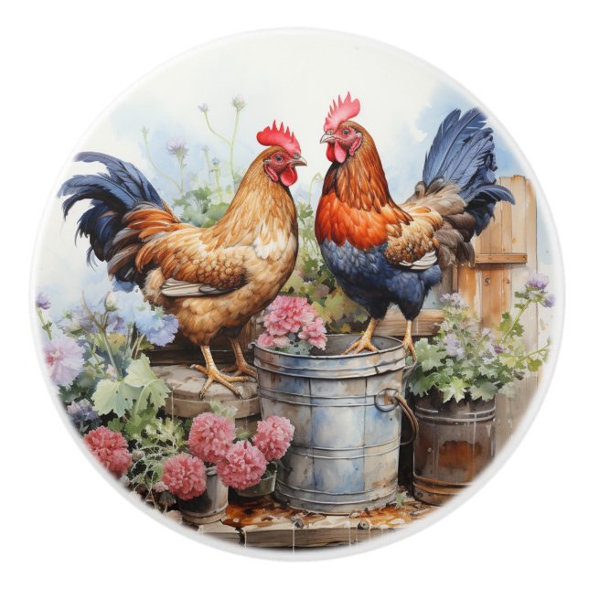 Bouton De Porte En Céramique Pays Rooster Russe Hen Red Geraniums Tin Pail (Devant)