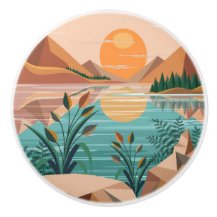 Bouton De Porte En Céramique Paysage de coucher de soleil sur un lac de montagn