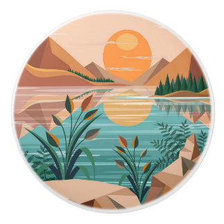 Bouton De Porte En Céramique Paysage de coucher de soleil sur un lac de montagn