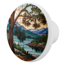 Paysage de montagne rustique vitrail