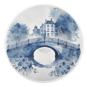 Bouton De Porte En Céramique Paysage de style Delft bleu et blanc
