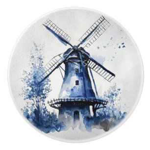 Bouton De Porte En Céramique Paysage de style Delft bleu et blanc avec moulin à