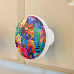 Bouton De Porte En Céramique Paysage urbain abstrait coloré à l'aquarelle