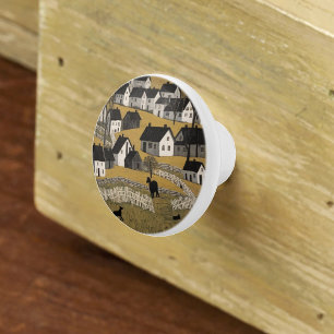 Bouton De Porte En Céramique Paysage vintage avec Cheval et Chiens