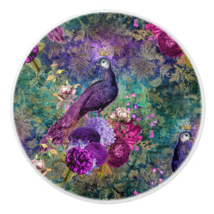 Bouton De Porte En Céramique Peacock Arc-en-ciel couleur or