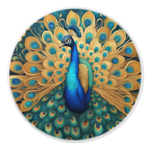 Bouton De Porte En Céramique Peacock Art Nouveau Art Déco Turquoise & Or