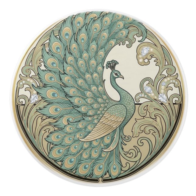 Bouton De Porte En Céramique Peacock Bird Sage Green & Gold Art Deco Nouveau (Devant)