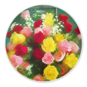 Bouton De Porte En Céramique Peinture Bouquet Rose - Jolie Art Fleur Originale