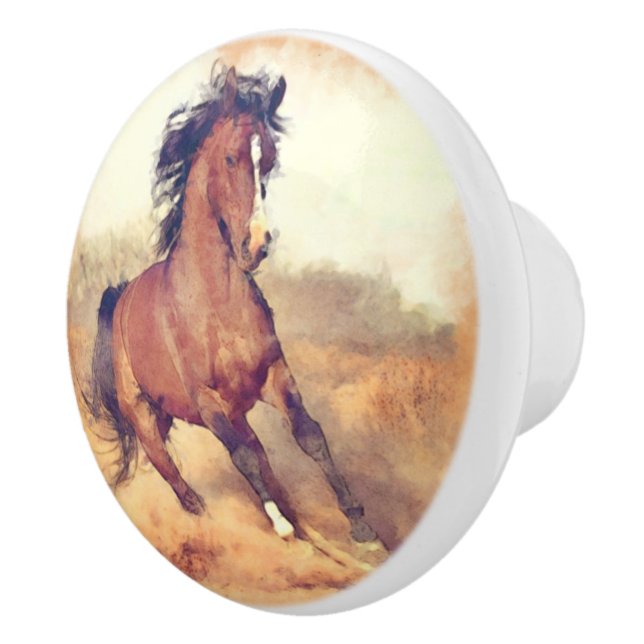 Bouton De Porte En Céramique Peinture d'aquarelle du Cheval Mustang sauvage (Droite)
