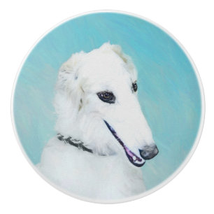 Bouton De Porte En Céramique Peinture de Borzoi (Blanc) - Joli Chien d'origine