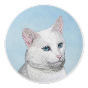 Bouton De Porte En Céramique Peinture de chat blanc - Cute Original Cat Art