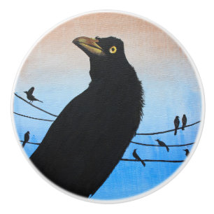 Bouton De Porte En Céramique Peinture de la faune aviaire de l'oiseau Grackle A