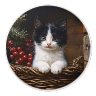 Bouton De Porte En Céramique Peinture de scène hivernale de chat en smoking noi