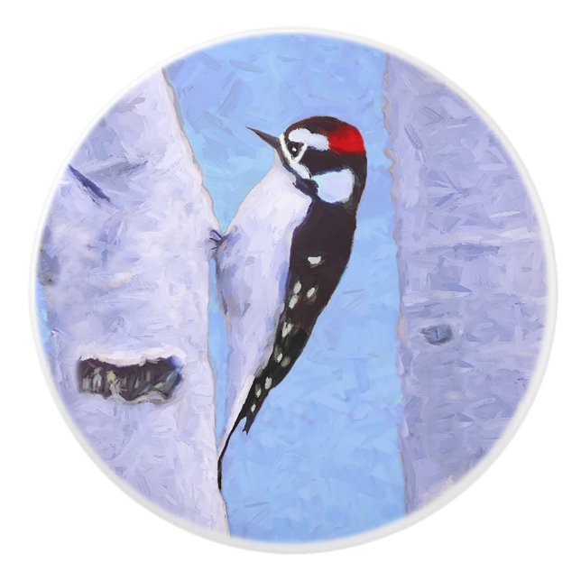 Bouton De Porte En Céramique Peinture Downy Woodpecker - Art original pour oise (Devant)