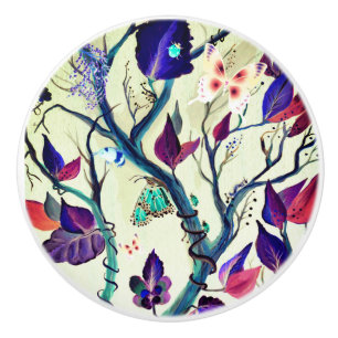 Bouton De Porte En Céramique Peinture feuille et papillons