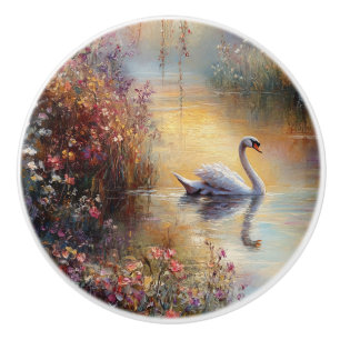 Bouton De Porte En Céramique Peinture impressionniste rustique Swan