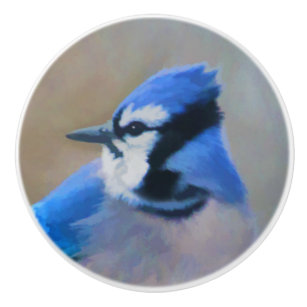 Bouton De Porte En Céramique Peinture Jay Bleu - Art Oiseau Original