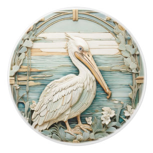 Bouton De Porte En Céramique Pelican Sea Bird Art Nouveau Faux R Relief Mint