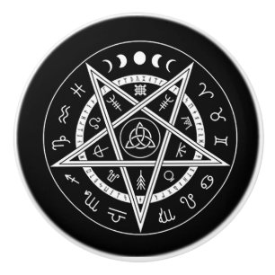 Bouton De Porte En Céramique Pentagramme avec symboles sur fond noir