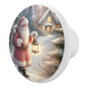 Bouton De Porte En Céramique Père Noël Lantern Walk Winter Cottage Scène