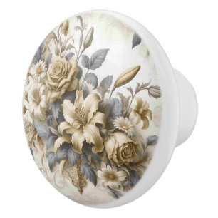 Bouton De Porte En Céramique Perfection florale Jaune antique