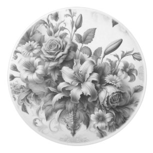 Bouton De Porte En Céramique Perfection florale noire et blanche