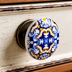 Bouton De Porte En Céramique 💛 périwinkle, bleu et jaune Azulejos