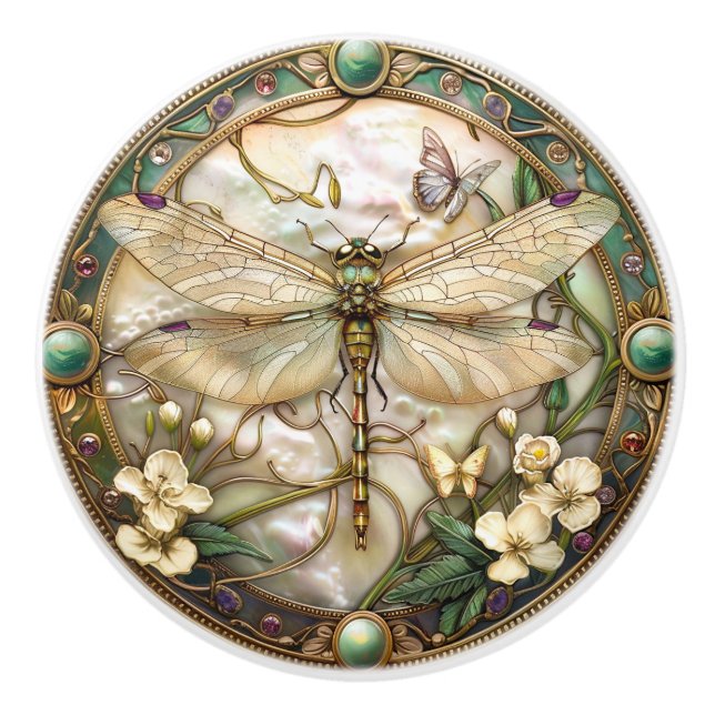 Bouton De Porte En Céramique Perles de libellule Fleurs Filigrane doré (Devant)