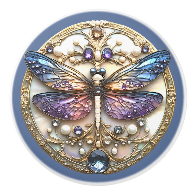 Bouton De Porte En Céramique Perles de libellules bleues roses Precious Pierres (Devant)