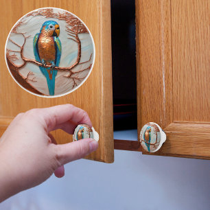 Bouton De Porte En Céramique Perroquet bleu sur branche de cuivre