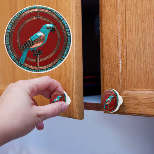 Bouton De Porte En Céramique Perroquet cuivre et turquoise