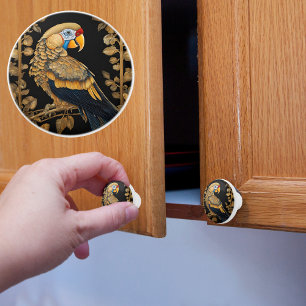 Bouton De Porte En Céramique Perroquet or sur fond noir
