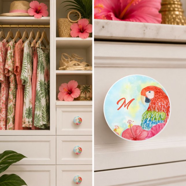 Bouton De Porte En Céramique Perroquets rouges monogrammés avec hibiscus (Créateur téléchargé)