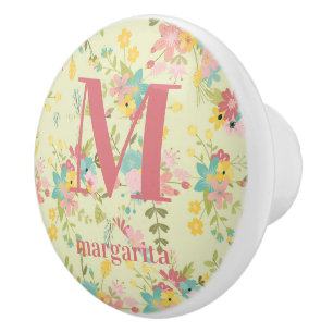 Bouton De Porte En Céramique Personnalisé Floral Rose Jaune Vert