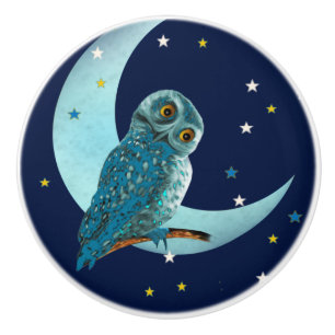 Bouton De Porte En Céramique Petit Chouette bleue avec lune et étoiles