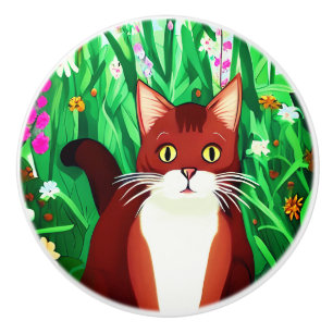 Bouton De Porte En Céramique Petit gingembre Kitty Brown dans un champ de fleur