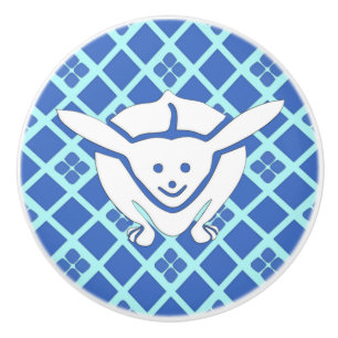 Bouton De Porte En Céramique Petit lapin japonais, arrière - plan bleu