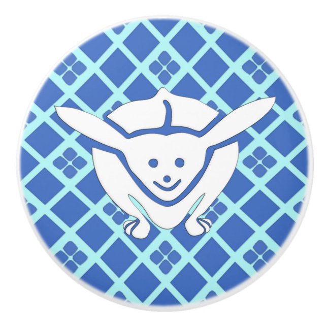 Bouton De Porte En Céramique Petit lapin japonais, arrière - plan bleu (Devant)